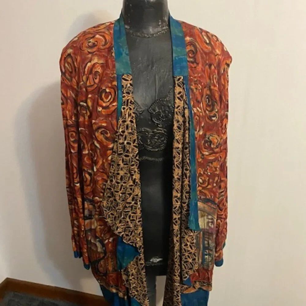 Carole Little Vintage '90s' Boho Hippy look multi color open cardigan, size 14